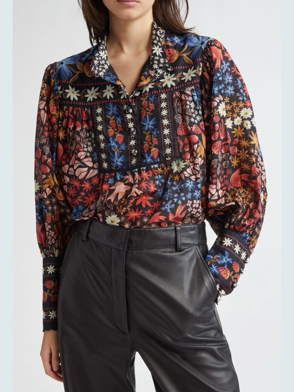 FARM Rio Black Multicolor Floral Peasant Blouse